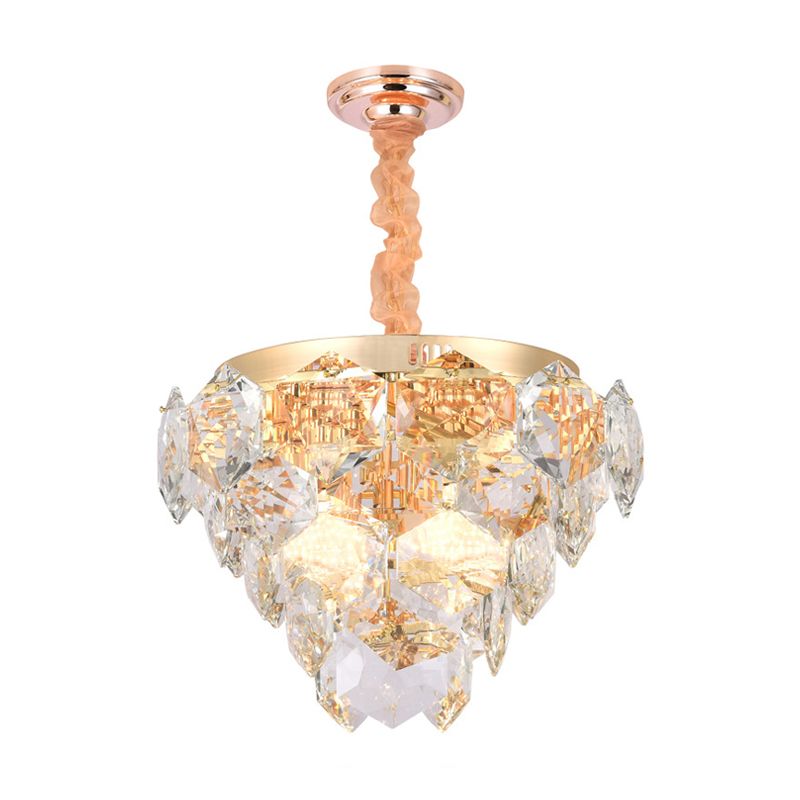 Multi Layer Hanging Ceiling Light with Faceted Crystal Modern 14 Lights Pendant Lamp in Gold for Living Room