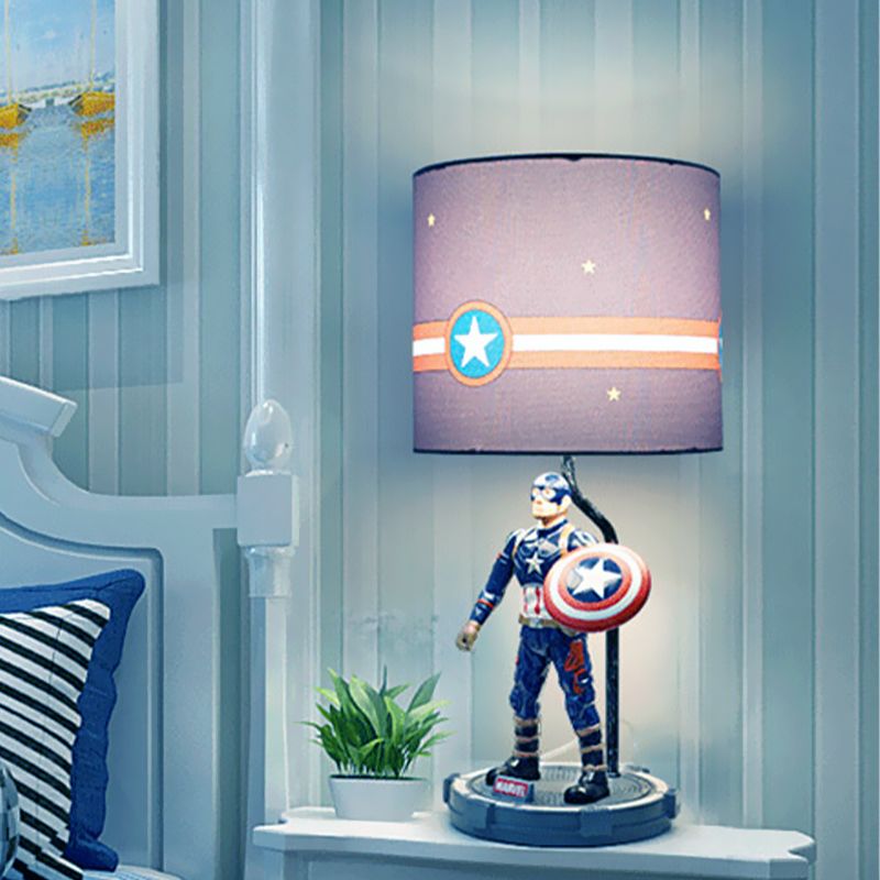 Cylinder Bedroom Night Table Lighting Fabric 1 Light Kids Nightstand Light in Blue with Cartoon Character