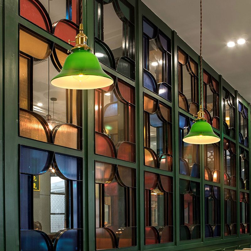 Ottone piccolo illuminazione a sospensione in vetro verde vintage lampada appesa a 1 testa con interruttore rotante