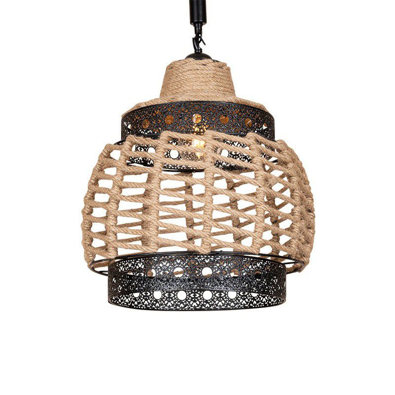 1-Light Hollowed out Ceiling Hanging Lantern Brown Hand-Wrapped Rope Pendant Lighting Fixture