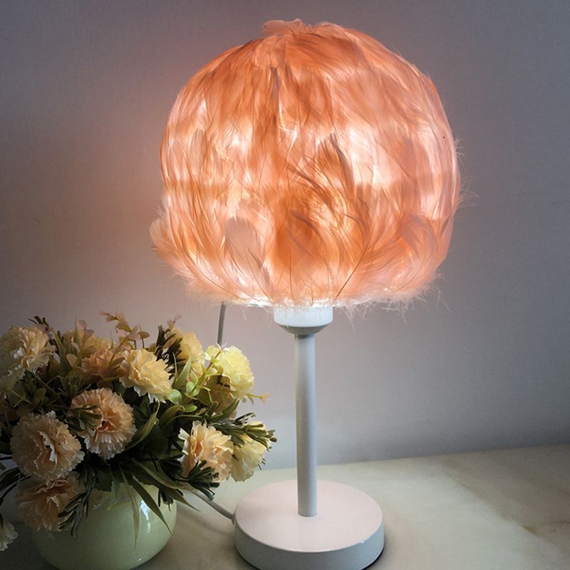 Handmade Sphere Feather Table Light Nordic Style 1-Light White/Pink/Rose Red Nightstand Lamp with Plug-in Cord