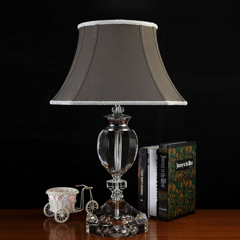 Grey Bell Table Lamp Countryside Fabric Single Head Bedroom Night Light with Crystal Base