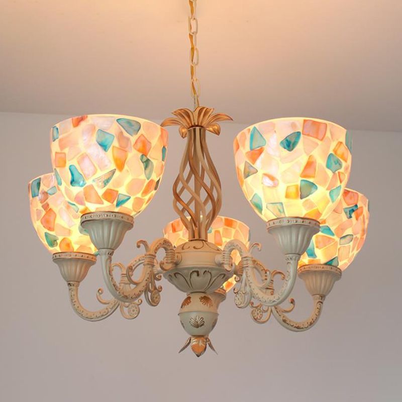 3/5 lumières Plafond lustre Tiffany Mosaic Shell Suspension Suspension en blanc pour chambre, haut / bas