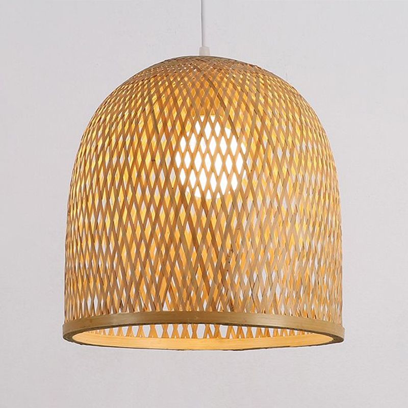 Light Brown Elongated Dome Pendant Light Fixture Nordic 1 Bulb Bamboo Ceiling Light for Restaurant