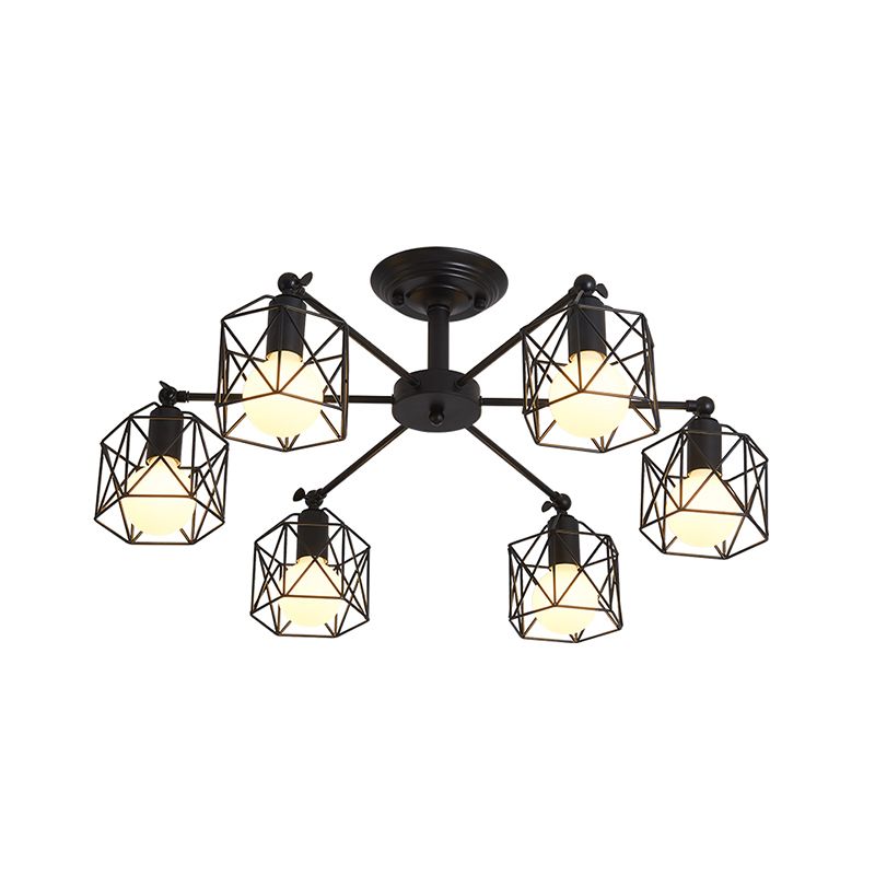 6/8 lumières Spider Semi Flush Light avec une nuance de cage globale de style rétro noir métal semi-luxuré Pendante pour le salon