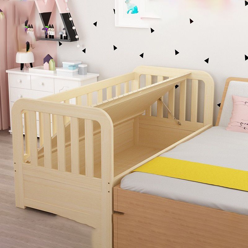 Light Wood Baby Crib Scandinavian Pine Under Crib Storage with Guardrail