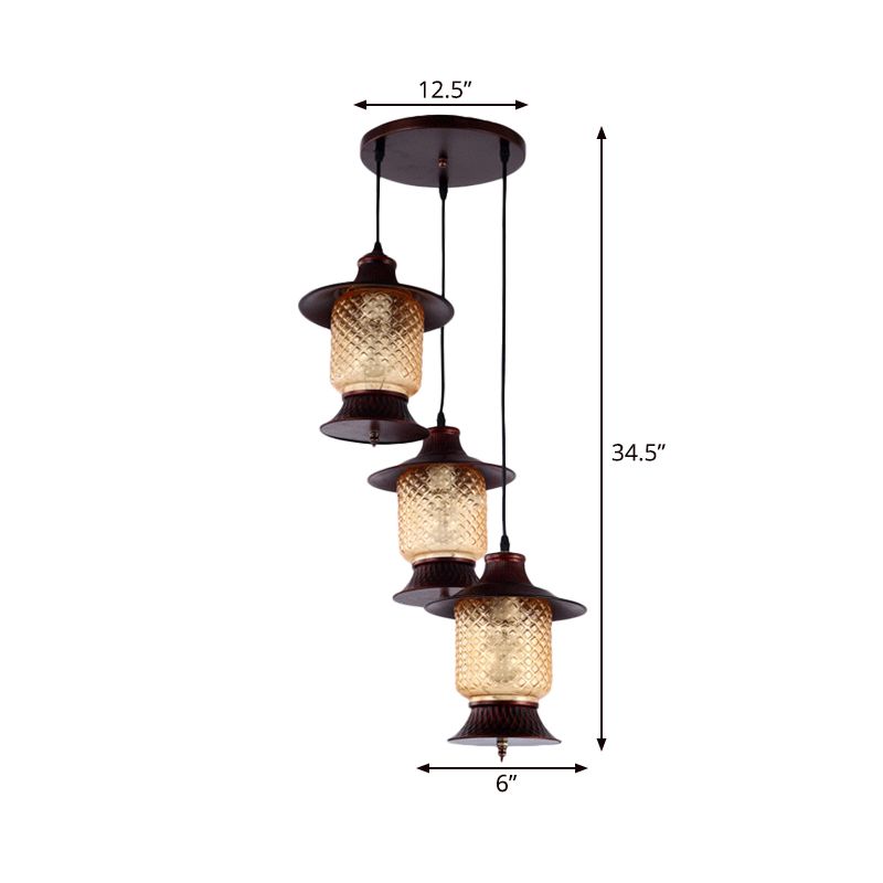 Lampada a sospensione di rame in vetro a griglia gialla cherosene a 3 teste cluster a sospensione Light