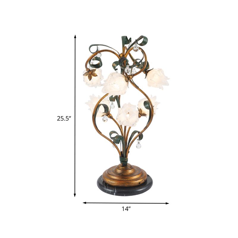 6 Bulbs Floral Table Lamp Pastoral Style Brass Metal LED Nightstand Lighting for Bedroom