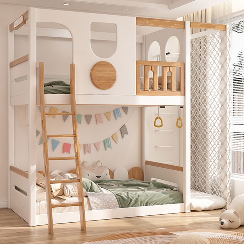 Contemporary White Bunk Bed in Solid Wood with Built-In Ladder