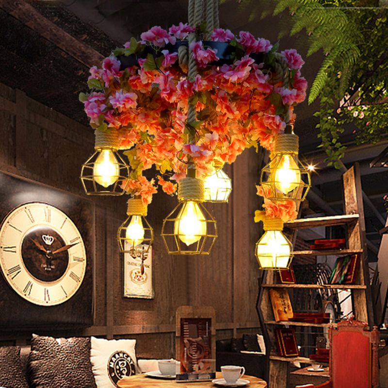 Metal Pink Chandelier Light Bare Bulb 6 Bulbs Vintage LED Drop Pendant with Cherry Blossom
