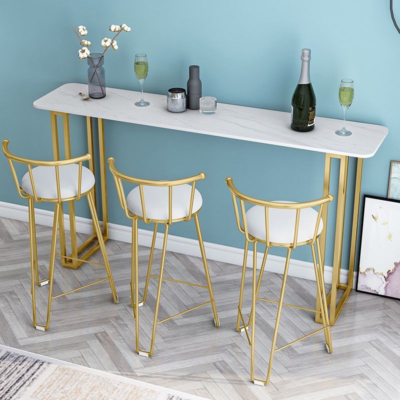 Glam Gold Iron Bar Dining Table Stone Top Indoor Bistro Table with Sled Pedestal