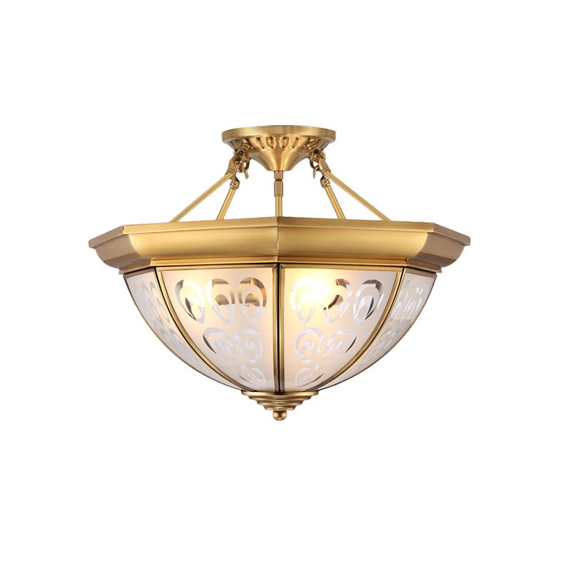 Lampada del monte a soffitto a cupola coloniale 15 "/19" W 3/4 lampadina di vetro opale semifulto in ottone per soggiorno