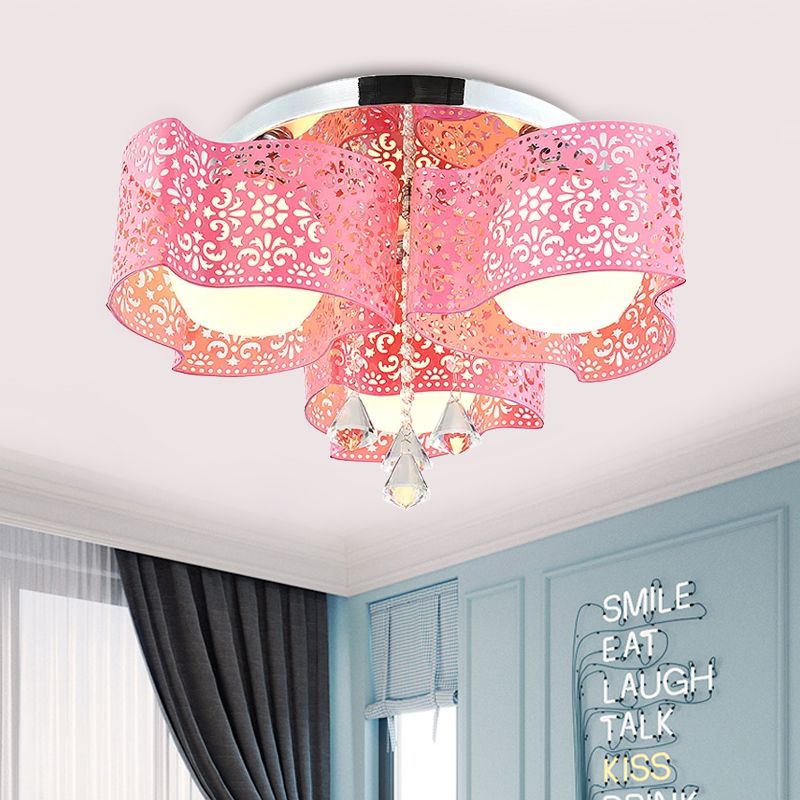 Modernist Etched Flower Ceiling Lamp Crystal 3/5 Lights Ceiling Lamp with Opal Glass Ball Shade in Pink/White