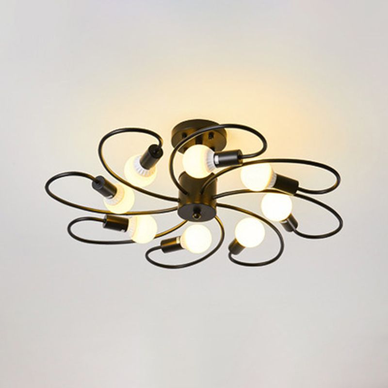 Bare Bulb Industrial Retro Semi-Flush Mount Radial Cast Iron Ceiling Light