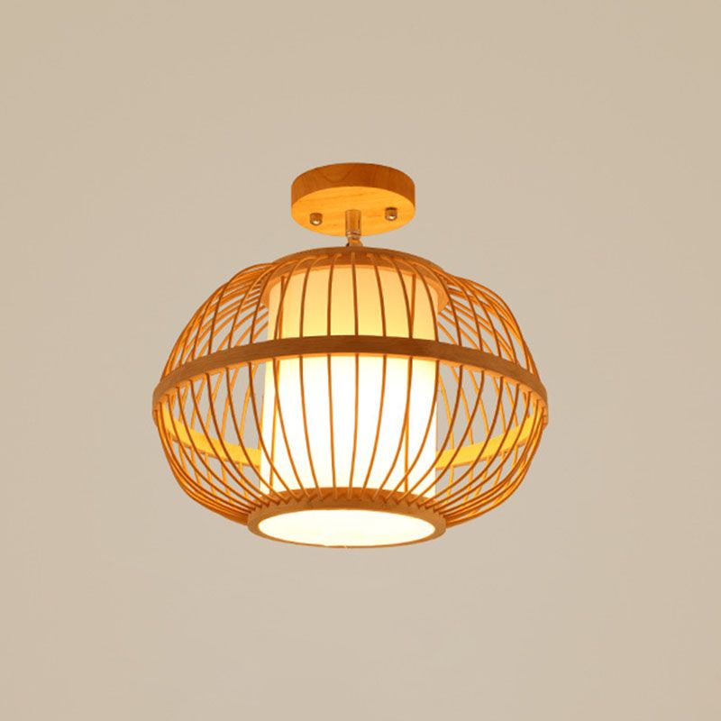 Geometric Semi Flush Mount Light Asian Bamboo Single Aisle Ceiling Flush Lamp in Wood