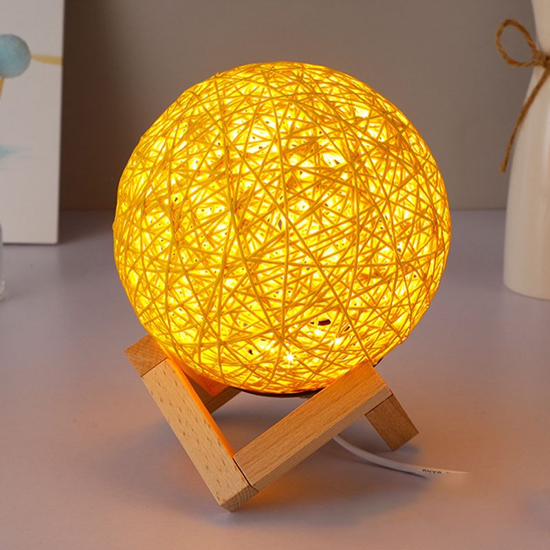 Globe Bamboo Night Lamp Contemporary 1 Light Yellow Finish Table Lighting with Wooden Base