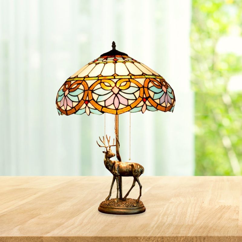 2-Light Parrot Pull Chain Table Lighting Tiffany Beige/Blue-White Stained Glass Night Stand Lamp with Deer Decoration