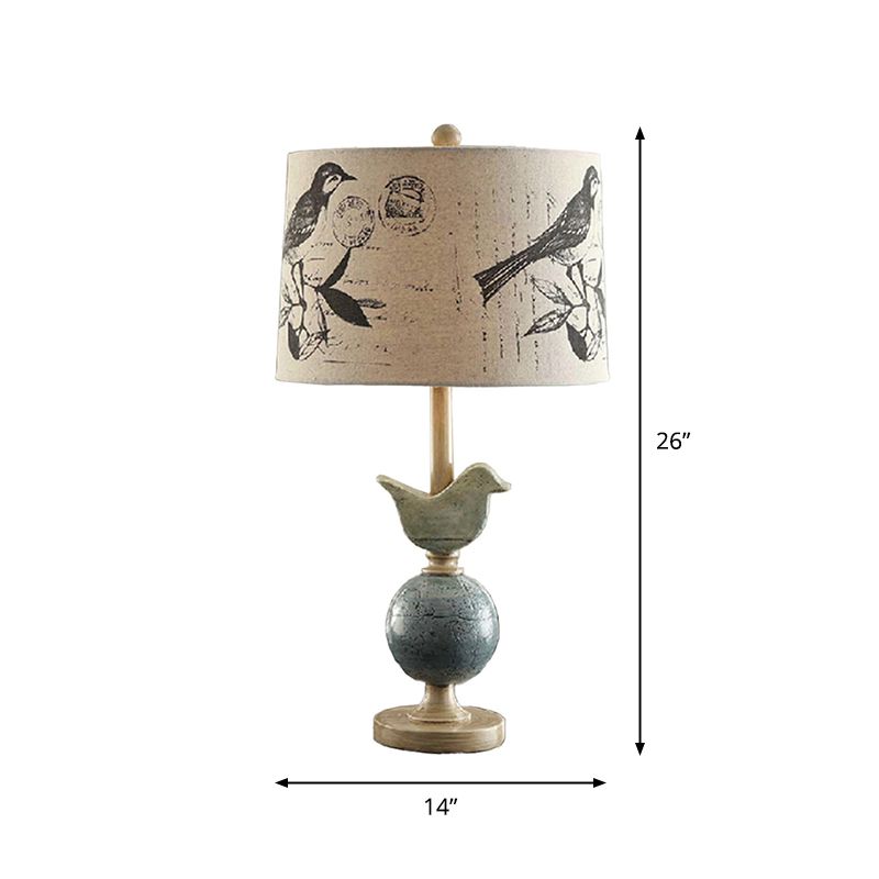 Printed Fabric Drum Table Lamp Novelty Modern Single Beige Night Light with Bird and Globe Base