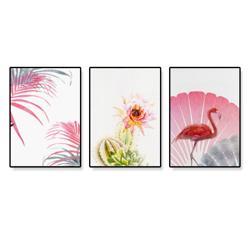 Tropix Flower and Flamingo Art Print Canvas Textured Pink Wall Decor for Home, Set of 3