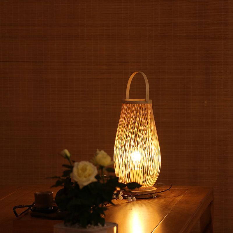 Single Bulb Bedroom Table Lamp Asian Style Beige Curved Handle Desk Lighting with Basket Bamboo Shade