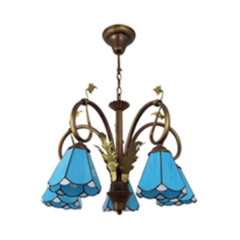 Stain Glass Cone Ceiling Pendant 5 Lights Traditional Hanging Chandelier in Blue for Foyer