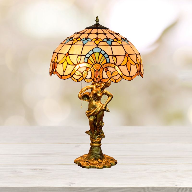 2 Heads Pull Chain Night Light Mediterranean Cone/Dome Beige/Blue-Brown Glass Table Lighting with Bronze Maid Base