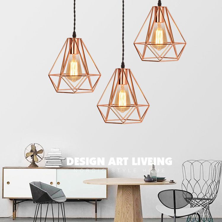 Diamond Cage Hanging Ceiling Light Simple Metal Dinning Room Pendant Lighting in Copper