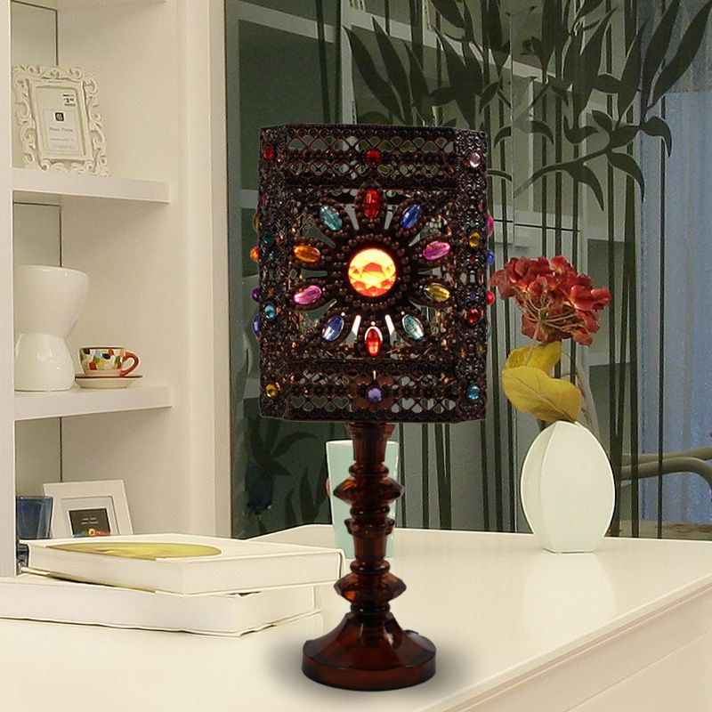 Metal Red/Purple Table Lamp Rectangle/Cylinder 1 Head Art Deco Nightstand Lighting for Dining Room