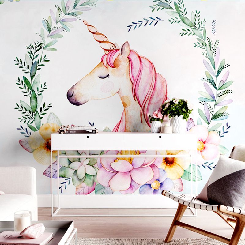 Full Size Cartoon Horse Mural Wallpaper in Pink Non-Woven Fabric Wall Decor for Girl's Bedroom, Made to Measure