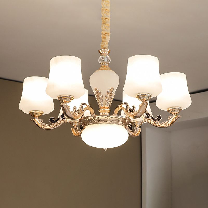 Retro Tapered Shade Chandelier Light White Glass Pendant Light Fixture for Living Room