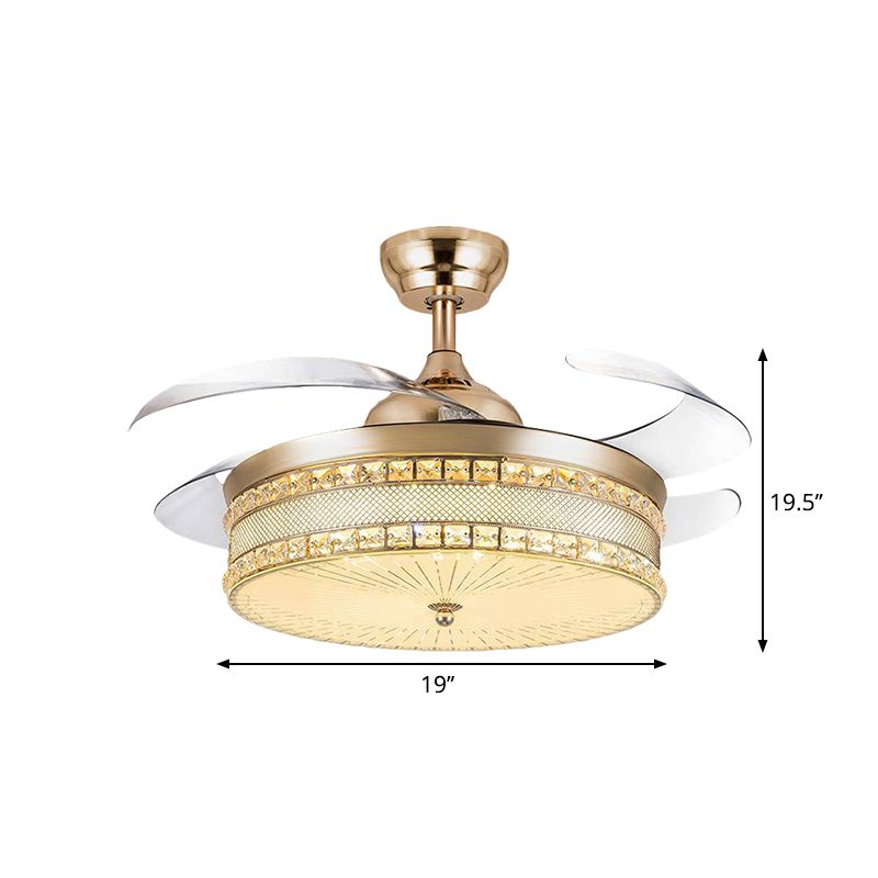 19" W LED Bedroom Hanging Fan Lamp Simple Gold 4 Blades Semi Flush Lighting with Drum Crystal Shade