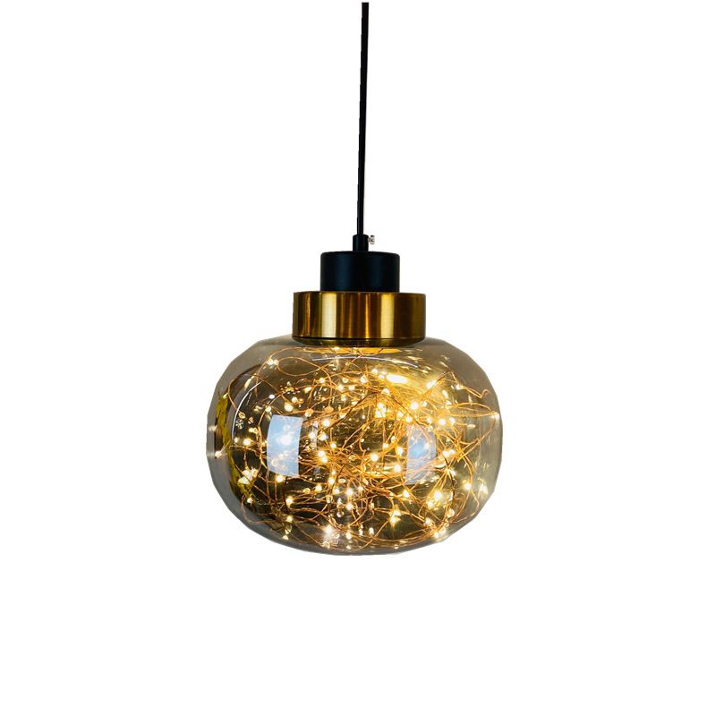 Glazen pot hanglamp lampje armatuur moderne koperen afwerking plafond hang lamp met led string