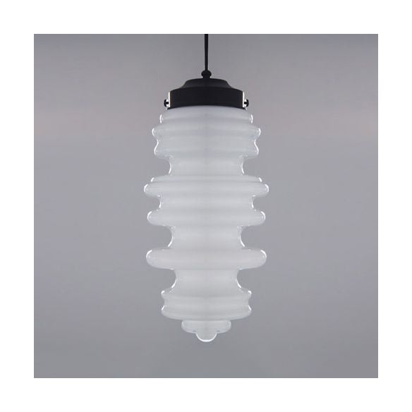 Contemporary 1 Light Pendant Light with White/Amber/Smoke Glass Shade Black Ribbed Hanging Ceiling Lamp