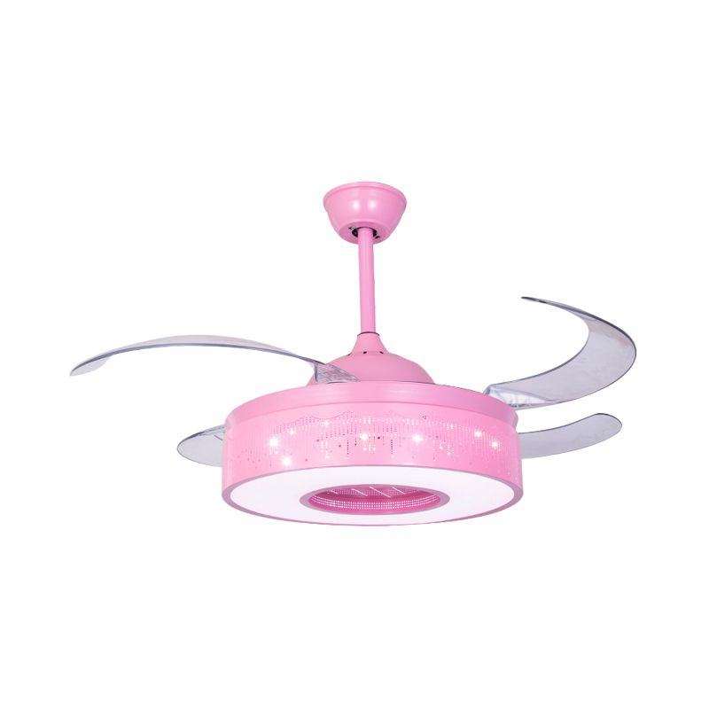 4 lames Ring Metallic Semi Flush Lighting Modern 36 "W LED PENDANT LAMME FAME LAMPE en rose / bleu avec design crevé, mur / télécommande