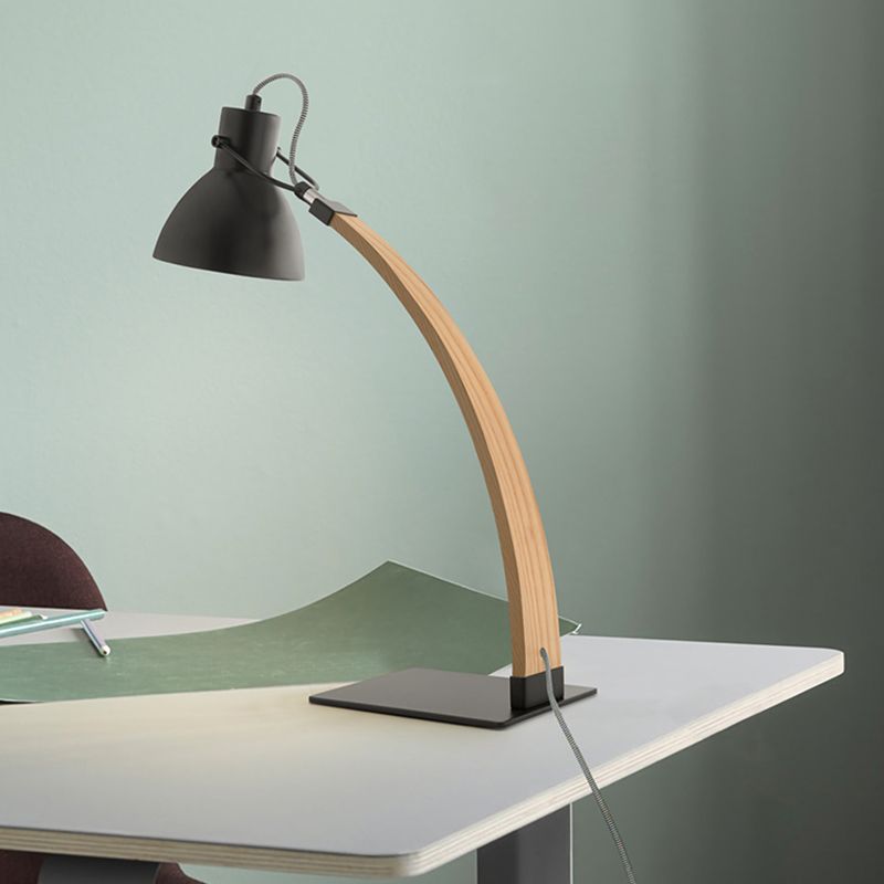 Domed Table Light Modern Metal 1 Head White/Black Small Desk Lamp with Curved Wood Arm