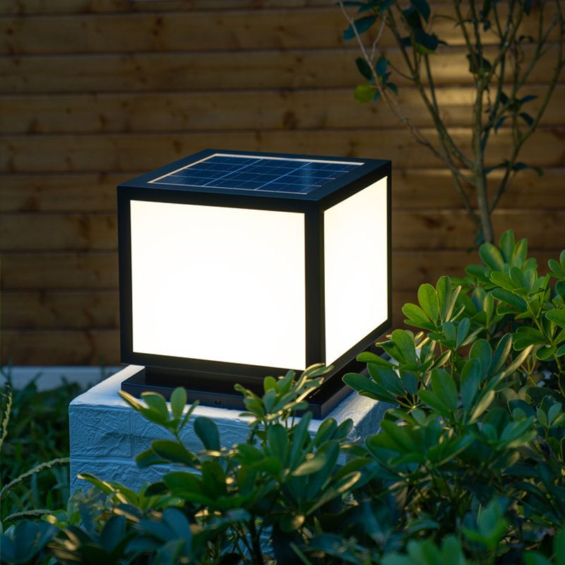 Square Shape Metal Pillar Lamp Modern Style 1 Light Solar Outdoor Light in Black