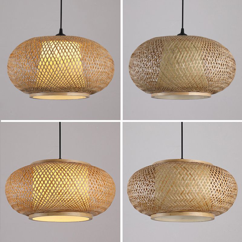 Brown Drum Pendant Light in Asian Creative Style Wrought Iron Hanging Lamp with Bamboo Weaving Shade