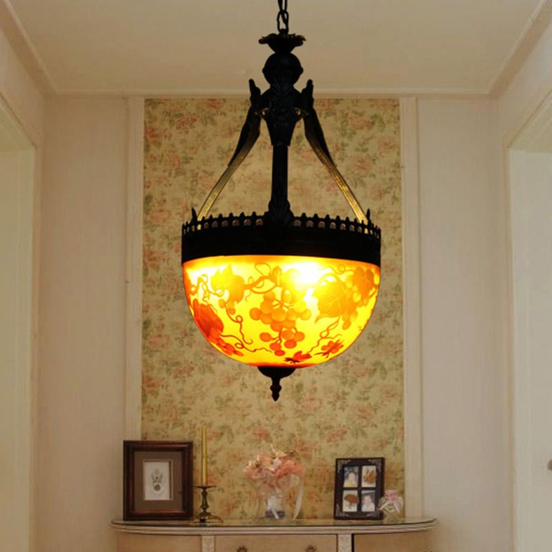 Mediterranean Flower Chandelier Lighting 12"/16" Wide 3 Lights Stained Glass Pendant Lamp in Yellow