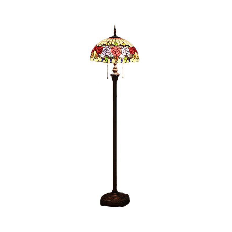 Rose Floor Standing Lamp Victorian Stained Glass 2 Heads Green Reading Floor Lighting with Dome Shade