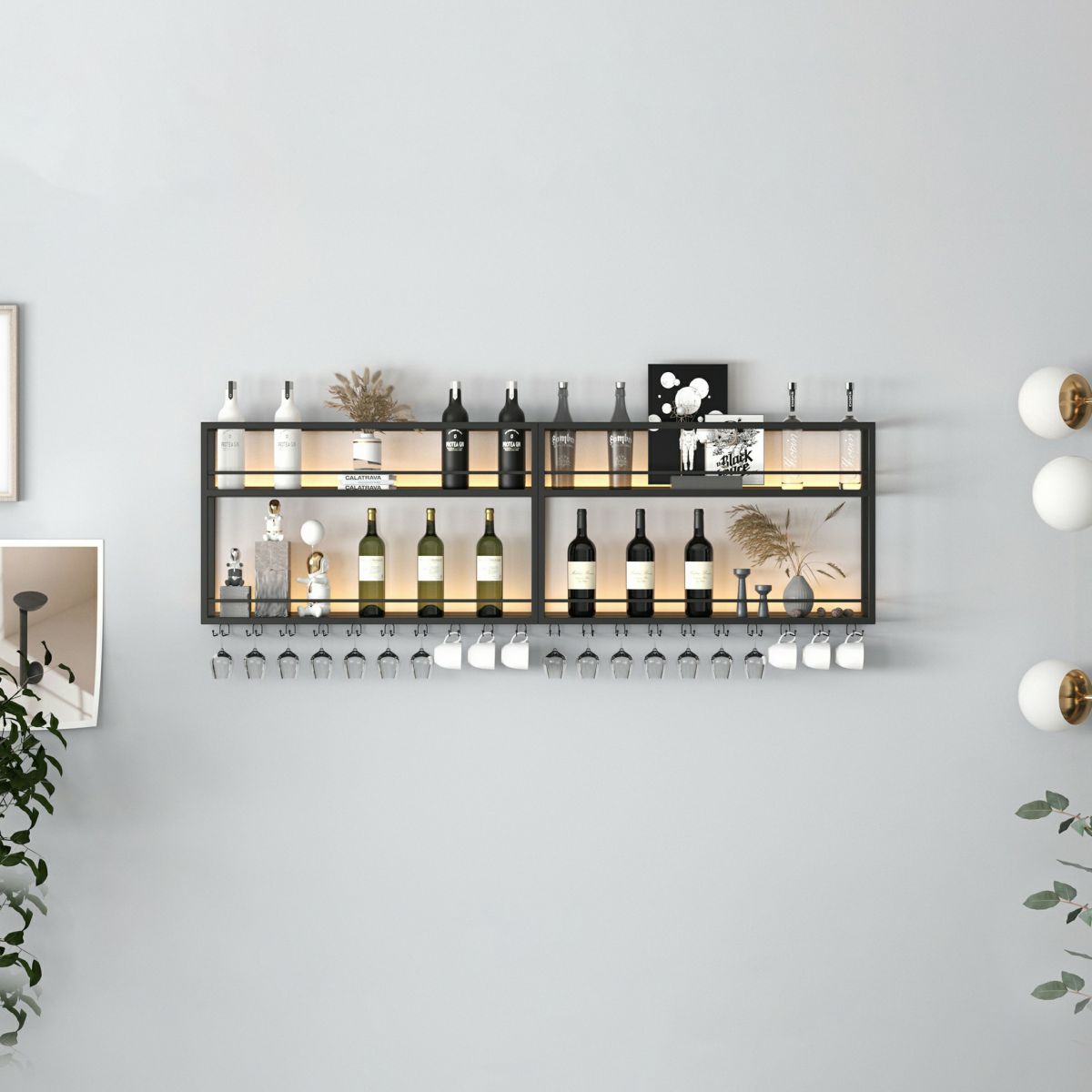 Modern Metal Wine Rack Wall Mounted Wine Bottle & Glass Rack for Living Room