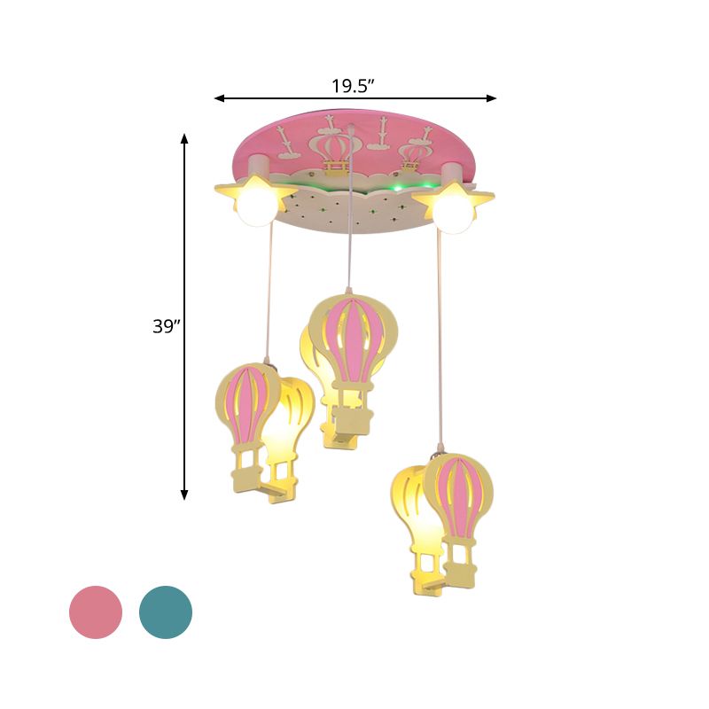 Hot Air Balloon Semi Flush Cartoon Wooden 5 Bulbs Pink/Blue Ceiling Flush Mount Light for Nursery