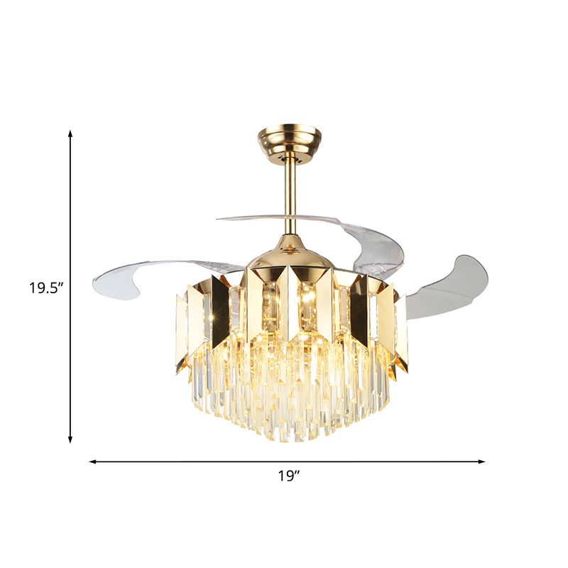 Layered Tri-Sided Crystal Rod Ceiling Fan Modern 3 Blades Living Room LED Semi Flush Light in Gold, 19" Width