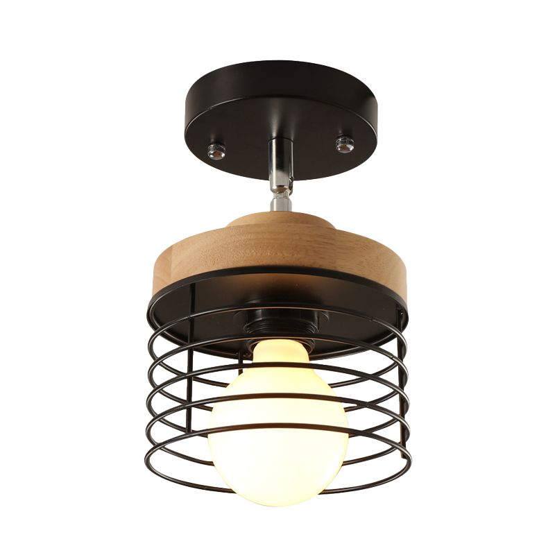 Iron Drum Cage Flush Ceiling Light Rotatable 1 Light Simple Stylish Ceiling Lamp for Balcony