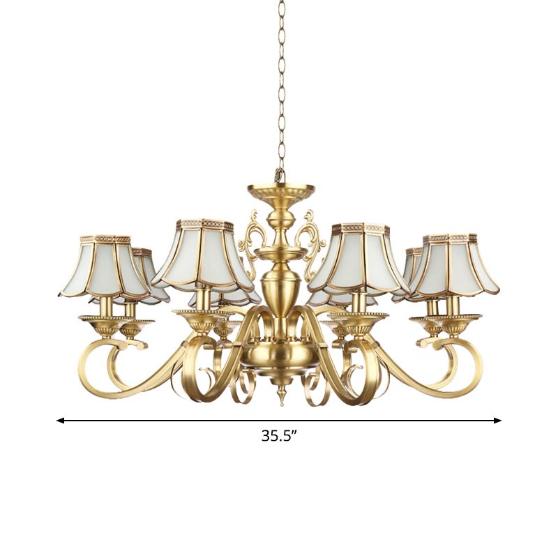 Polished Brass Scalloped Chandelier Lamp Colonial Frosted Glass 8 Lights Living Room Hanging Ceiling Light