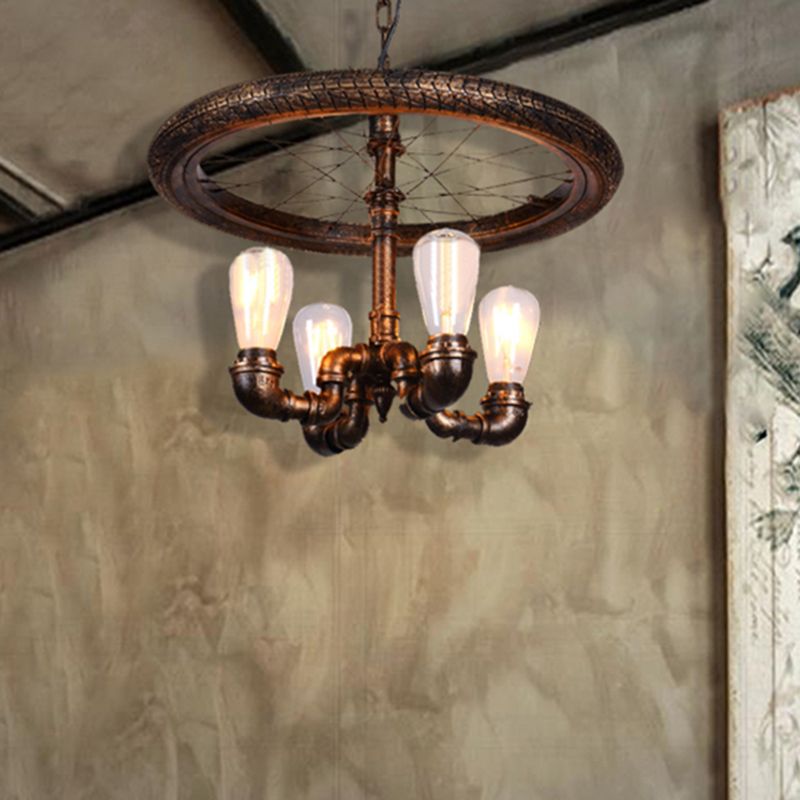 Wagon Wheel Metal Light Chandelier Retro Rustic 4-Light Dining Room Pendant Lighting in Bronze