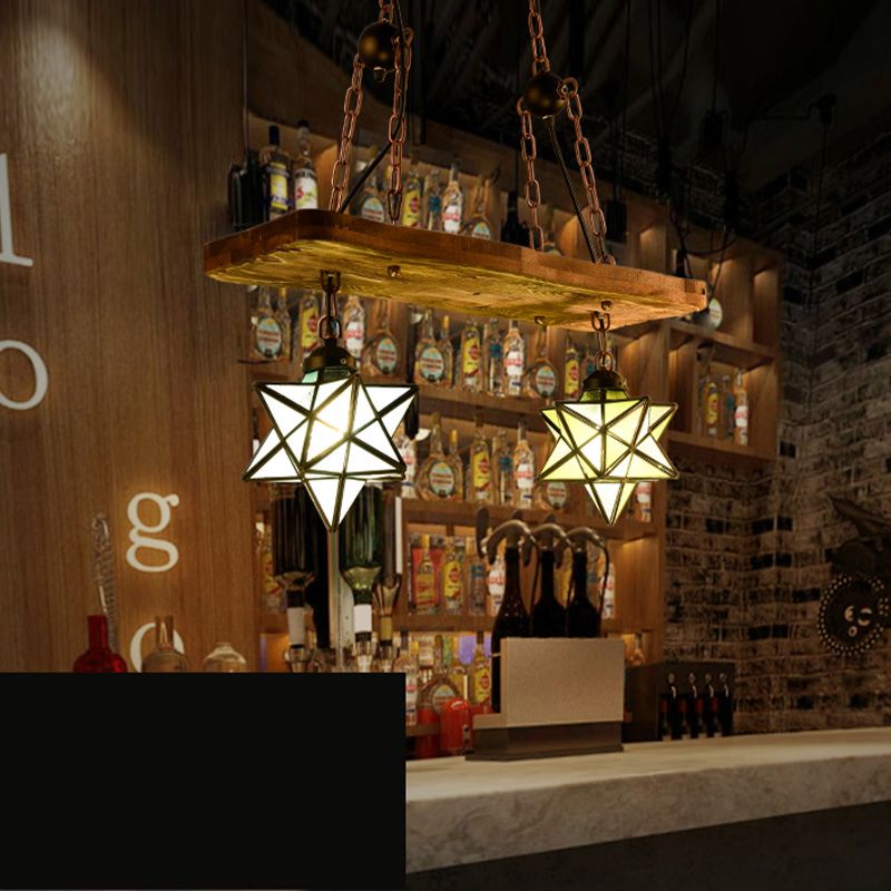 2/3 Lights Rustic Star Chandelier Lamp with Wooden Board Colorful Glass Indoor Pendant Light for Kitchen