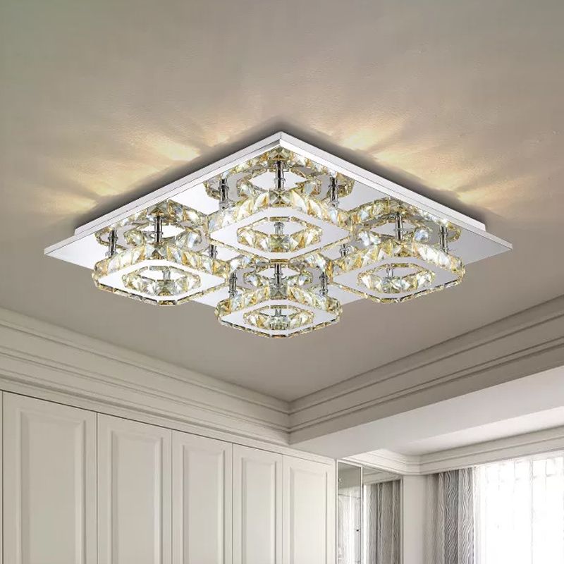 Block Flush Ceiling Light Modern Style Faceted Crystal Chrome Flushmount Lighting