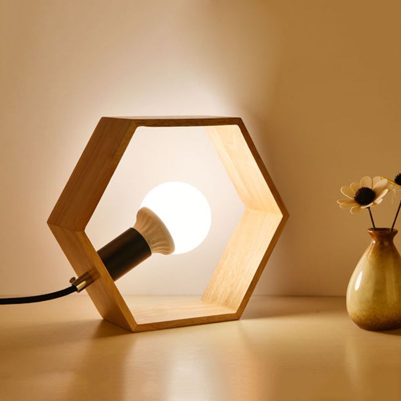 Wooden Hexagon Night Stand Light Minimalist Single Table Lighting with Naked Bulb Design