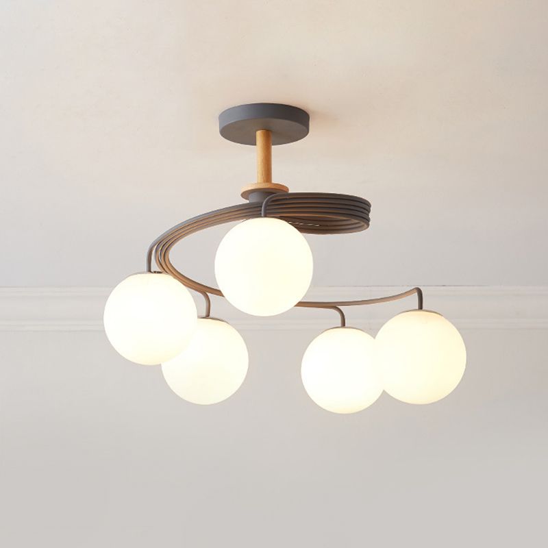 Swirl Flush Chandelier Nordic Iron 5 Bulbs Grey/Green Semi Flush Ceiling Light with Orb Glass Shade and Wood Downrod