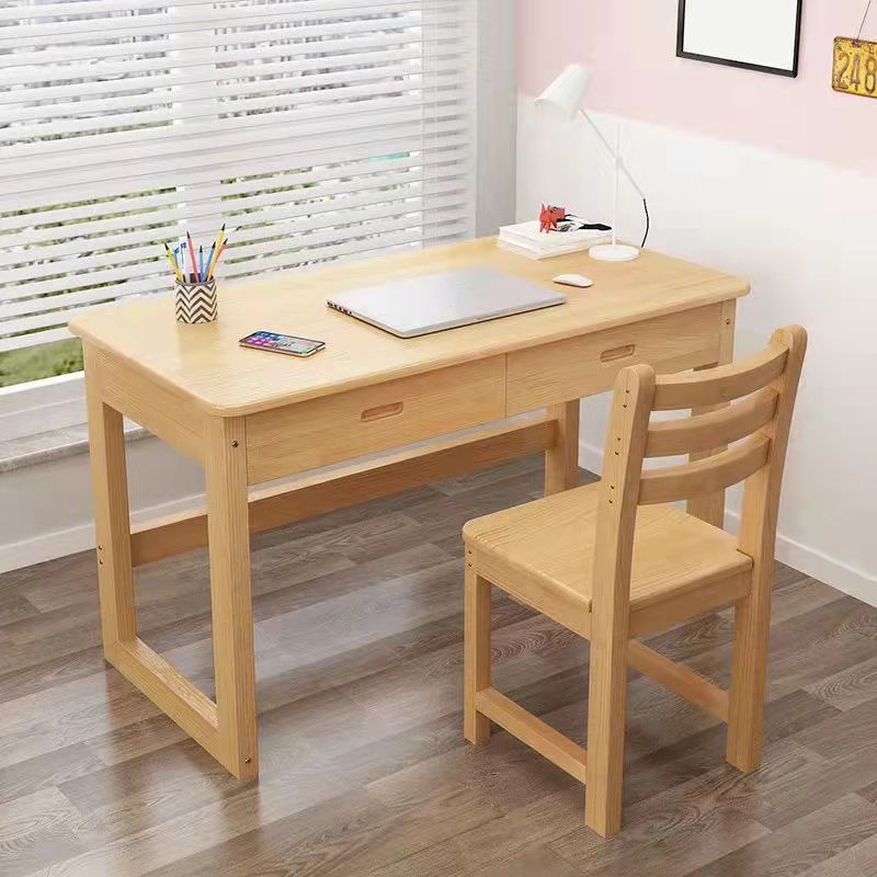 Pine Writing Desk Primary School Table and Chair Set Kid's Desk with 2 Drawers